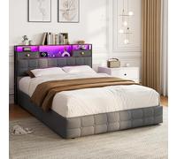 TDRTRD Lit Coffre avec Éclairage LED et USB,Tête de Lits avec Étagères Ouvertes et 2 Tiroirs,Lit Double rembourré avec Sommier et Rangement,Cadre de Lits 2 Personnes pour Adultes (Gris, 160x200cm)