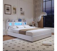 TDRTRD Lit Coffre avec LED et Ports USB, Lit Double avec Sommier à Lattes,Tête de Lits AVCE Compartiment de Rangement,Lit 2 Personnes pour Adultes et Adolescents,en Tissu PU (Blanc, 160x200cm)