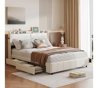 TDRTRD Lit Double avec 4 Tiroirs de Rangement 140x200 cm, Lit Capitonné avec LED, Cadre de Lit avec USB et Sommier à Lattes et Tête de Lit Capitonnée, Lits 2 Personnes(Blanc, PU, 140 x 200 cm)