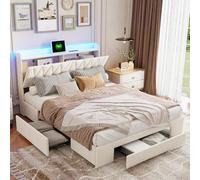 TDRTRD Lit Double Rembourré avec LED et Port USB,140x200cm, lit 2 Personnes avec 3 tiroirs et sommier à Lattes, tête de lit avec Espace de Rangement, pour Adultes et Adolescents, Velours Beige