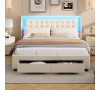 TDRTRD Lit Double Velours Beige,180x200cm,Cadre de Lit avec Tête de Lit LED et Espace de Rangement, Lit rembourrée AVCE décoration à Boutons,sommier à lattess,2 tiroirs au Bout du lit, sans Matelas