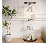 TDRTRD Vitrine d'angle en Verre avec LED,Vitrine de Collection Pentagonale,Armoire de Collection à 4 Couches avec 1 Porte et Serrure,Verre trempé Armoir de Verres Debout (Noir-A, 60x40x162 cm)