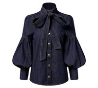 Tdvcpmkk Chemise À Manches Bouffantes en Denim pour Femmes, Design avec Nœud Papillon, Col Haut, À La Mode, Printemps Et Automne