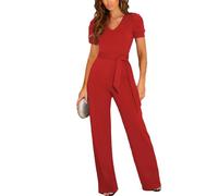 Tdvcpmkk Combinaison d'été à lacets pour femme - Taille haute - Col en V - Manches courtes - Combinaison de bureau, Rouge, M