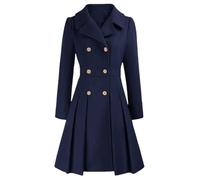 Tdvcpmkk Manteau d'hiver chaud à manches longues et double boutonnage au-dessus du genou plissé à revers trapèze en laine mélangée, bleu marine, XL