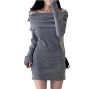 Tdvcpmkk Mini Robe Tricotée À Manches Longues pour Femmes, Épaules Dénudées, Col Incliné, Couleur Unie, Simple, Automne Et Hiver