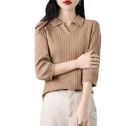 Tdvcpmkk Pull à manches courtes en coton à rayures verticales pour femme - Pull d'été léger à manches trois-quarts, Marron et gris., XL