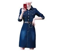 Tdvcpmkk Robe en jean à revers pour femme - Manches longues - Simple boutonnage - Robe de bureau en jean, bleu, XXXXL