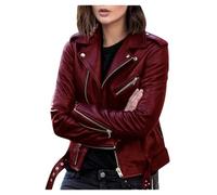 Tdvcpmkk Veste courte en cuir synthétique pour femme - Coupe ajustée - Automne et hiver - Manches longues, Rouge bordeaux, Large