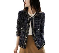 Tdvcpmkk Veste courte en tweed à col rond pour femme - Automne et hiver, bleu marine, Large