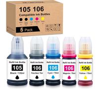 TEA-105 106 Encre Compatible avec 105 106 Bouteille d'encre Multipack pour EPN L-7160 L-7180 ET-7700 ET-7750 (5-Pack, Noir/Noir Photo/Cyan/Magenta/Jaune)