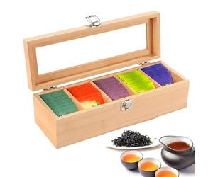 Tea Bag Organizer, Wooden Multi-Compartment & Clear Lid Long Tail, Tea Holder Main Feature, Storage Box with Use for Sugar Packets Coffee Pods Kitchen Countertop Cabinet Pantry Drawer Home Office