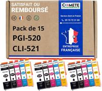 TEA-COMETE, Marque française - 520XL 521XL - 15 Cartouches d'encre Compatibles avec Canon PGI-520 CLI-521 - pour Canon Pixma IP3600 IP4600 MP550 MP620 MP640 MX860 MX870 (6 Noir et 9 Couleur)