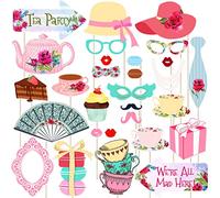 Tea Party Photo Booth Props Kit 30Pcs Garden Tea Party Decorations Tea Party Stick Props Tea Party Supplies Tea Party Favours Selfie Props for Women Girls Funny Birthday