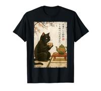 Tea Time with a Black Cat Drinking Tea Time Japanese Vintage T-Shirt