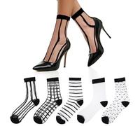 Teaaha Chaussettes sexy à volants pour femme, 5 paires de chaussettes transparentes pour femme, chaussettes fines pour femme, à pois rayés, bas résille pour femmes, taille universelle, Noir/blanc, 8XL