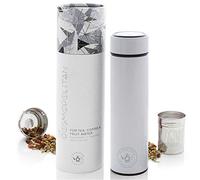 TEABLOOM Gobelet multi-usages 480 ml - Bouteille d'eau isotherme en métal brossé - Gobelet à thé - Bouteille de voyage - Infusion à froid - Infuseur bidirectionnel extra fin - Blanc nacré