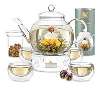 Teabloom Set de Thé Complet avec Théière en Verre 1,2 L, Infuseur, 4 Tasses Isothermes, Chauffe-thé et 12 Thés Fleuris