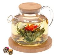 Teabloom Théière en verre avec couvercle en bambou (1200 ml), filtre à thé pour feuilles de thé en vrac, 2 fleurs de thé, grande soucoupe en bambou - Coffret cadeau avec thé à fleurs naturelles -