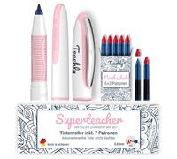 Teachly Superteacher Roller - Stylo d'Enseignant rechargeable pour l'école et l'université (Rose) - 7 cartouches d'encre incluses (Rouge)