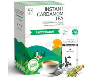 TeaFit Premium Unsweetened Cardamom Instant Tea Premix - 10 Single Serve Sachets | Ready to Drink Instant Milk Tea Premix | Home Like Elaichi Chai | No Added Artificial Sugar