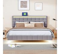 Teahutty Lit 160 x 200 cm avec éclairage LED et tête de lit réglable, Cadre de Lit Flottant, sommier à Lattes, pour Adultes et Jeunes, Tissu en Lin, (sans Matelas)(Gris+Flottant, 160x200 cm)