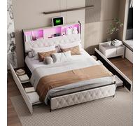 Teahutty Lit capitonné, 160 x 200 cm, LED, avec type C et 4 tiroirs, tête de lit avec espace de rangement, coffre de rangement avec sommier à lattes, sans matelas, en velours beige (160 x 200 cm)
