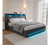 Teahutty Lit capitonné de 140 x 200 cm avec LED, cadre de lit avec USB et type C, tête de lit multifonctionnelle, lit double hydraulique avec espace de rangement, sans matelas (gris, 140 x 200 cm)