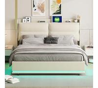 Teahutty Lit Coffre 160x200, avec Éclairage LED et Port USB, Cadre de Lit avec Sommier à Lattes, lit avec tête de lit en Velours, Lits Flottant Rembourré, sans Matelas (Beige, 160x200 cm)