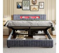 Teahutty Lit double 160 x 200 cm, avec espace de rangement, hydraulique avec LED, tête de lit haute, dossier fonctionnel, cadre de lit moderne, en velours, sans matelas (160 x 200 cm)