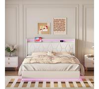 Teahutty Lit double avec espace de rangement hydraulique, 160 x 200 cm, avec éclairage LED, rembourré, avec USB et type C, lit pour adolescent, avec tête de lit multifonctionnelle, sans matelas (blanc