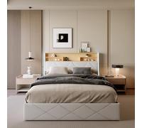 Teahutty Lit double avec espace de rangement hydraulique 160 x 200 cm avec LED, cadre de lit rembourré avec USB et type C, pour adolescents, avec tête de lit multifonctionnelle, sans matelas (blanc