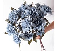 Teahutty Lot de 10 dahlia artificielles en soie, 10 têtes de marguerites bleues avec tige pour maison, fête, mariage