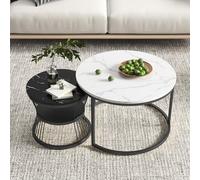 Teahutty Lot de 2 tables basses gigognes rondes empilables - Motif marbre moderne avec cadre en métal - Pour chambre à coucher, salon, balcon, jardin - Décoration minimaliste (noir et blanc)