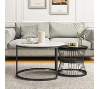 Teahutty Lot de 2 tables basses rondes modernes, tables d'appoint gigognes amovibles avec cadre en métal et dessus en marbre - Tables basses empilables pour salon, bureau, balcon, appartement (noir +