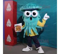 Teal Fried Calamari Personnage De Costume De Mascotte Redbrokoly Habillé Avec Un Pantacourt Et Des Portefeuilles Multicolore