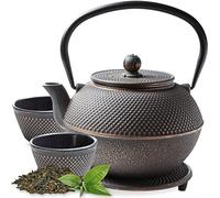 Tealøv THEIERE FONTE 1,1 LITRE SET COMPLET | BOÎTE CADEAU Service à Thé en Fonte avec Théière, 2 Tasses & Dessous Théière | Entièrement Émaillée de l'Intérieur | Design De Style Japonais | Noir/Cuivre