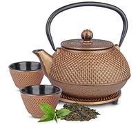 Tealøv Théière Fonte avec Infuseur 800 ML - Set complet dans une boîte cadeau - Service à Thé en Fonte - Entièrement Émaillée de l'Intérieur - Design De Style Japonais - Couleur: cuivre