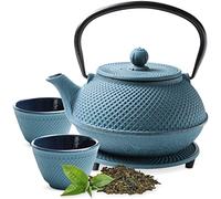 Tealøv Théière Fonte avec Infuseur 800 ML - Set complet dans une boîte cadeau - Service à Thé en Fonte - Entièrement Émaillée de l'Intérieur - Design De Style Japonais - Couleur: bleu