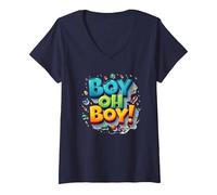 Team Boy Oh Boy! Thème de Sport & Aventure ludique T-Shirt avec Col en V, Femme, Bleu Marine, S