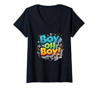 Team Boy Oh Boy! Thème de Sport & Aventure ludique T-Shirt avec Col en V, Femme, Noir, XL