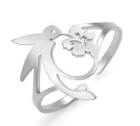 TEAMER Bague ouverte en acier inoxydable réglable en forme de fleur de colibri pour femme, Acier inoxydable, Inconnu