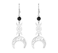 TEAMER Boucles d'oreilles pendantes en acier inoxydable avec pierre de naissance noire - Triple lune - Pentagramme gothique Wicca, Inconnu