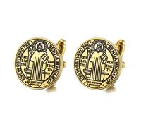 TEAMER Boutons de Manchette Catholiques Saint Benoît Boutons de Manchette Saint Benoît en Acier Inoxydable Bijoux Religieux Jésus Croix Amulette de Force Paix Prière Pour Hommes et Femmes (Or)