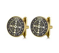 TEAMER Boutons de manchette Saint Benoît Boutons de manchette Saint Benoît en acier inoxydable Bijoux Religieux Jésus Croix Amulette de Force Paix Prière Pour Hommes et Femmes (Or)
