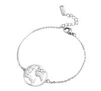 TEAMER Bracelet carte du monde délicate Bracelet carte du globe terrestre Acier inoxydable Bijoux pour les femmes et les hommes pour commémorer le voyageur Wanderlust (Argent)
