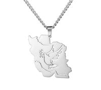TEAMER Collier avec pendentif carte de l'Iran en acier inoxydable - Colombe de paix - Branche d'olivier - Pendentif patriotique iranien - Bijou persan pour homme et femme, 28*30mm, Acier inoxydable