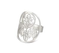 TEAMER Réglable Fleur de Vie Bague Acier Inoxydable Om Symbole Anneau Géométrie Sacrée Magique Hexagramme Talisman Amulette Bijoux Pour Femmes Filles (Fleur de vie et attrape-rêves -Argenté)