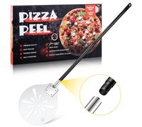 TEAMFAR Pelle à pizza 22,8 x 25,8 x 112 cm en acier inoxydable perforée - Ronde - Grande surface et poignée amovible pour glisser facilement sur la pierre à pizza - Facile à nettoyer