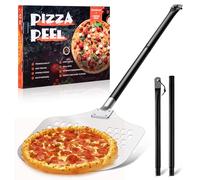 TEAMFAR Pelle à pizza, 30,5 x 42 x 124 cm, perforée, en aluminium anodisé dur, pour glisser facilement sur la pierre à pizza, rectangulaire, grande surface et poignée amovible pour barbecue, four à